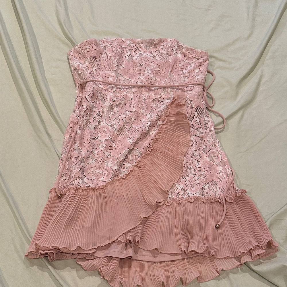 Strapless Pink Lace & Pleated Mini Dress